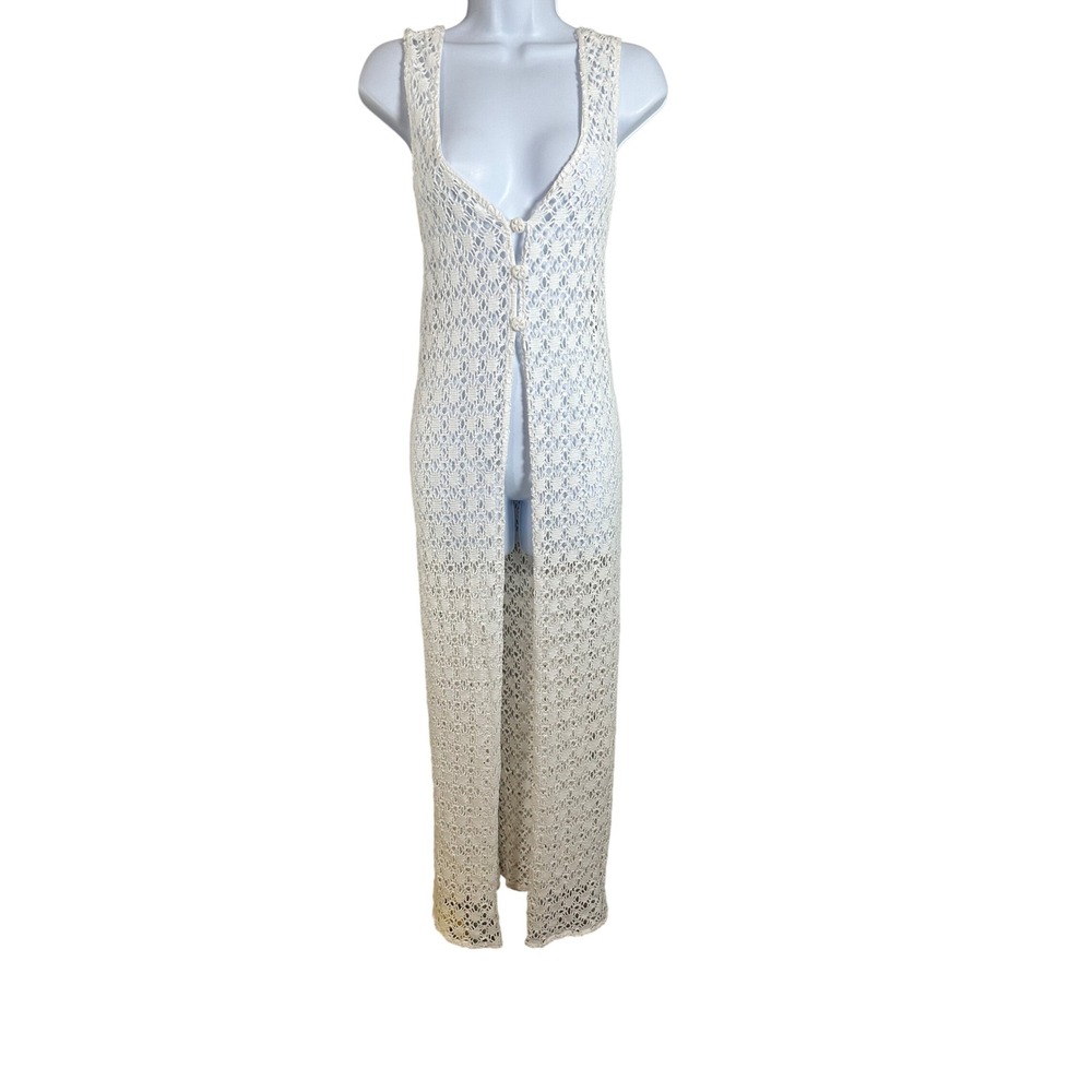 Aqua Blues White Crochet Cotton Maxi Vest Cover Up Sleeveless Boho AM-M850 L